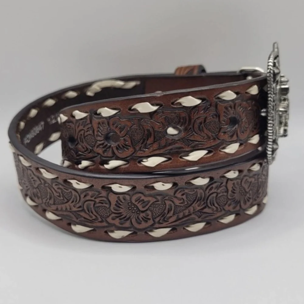NOCONA Western brown tooled  leather white buckstitch belt & Bull Buckle sz 24
